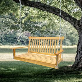 Front Porch Swing with Armrests;  Wood Bench Swing with Hanging Chains; for Outdoor Patio ; Garden Yard;  porch;  backyard;  or sunroom; Easy to (Color: Teak)